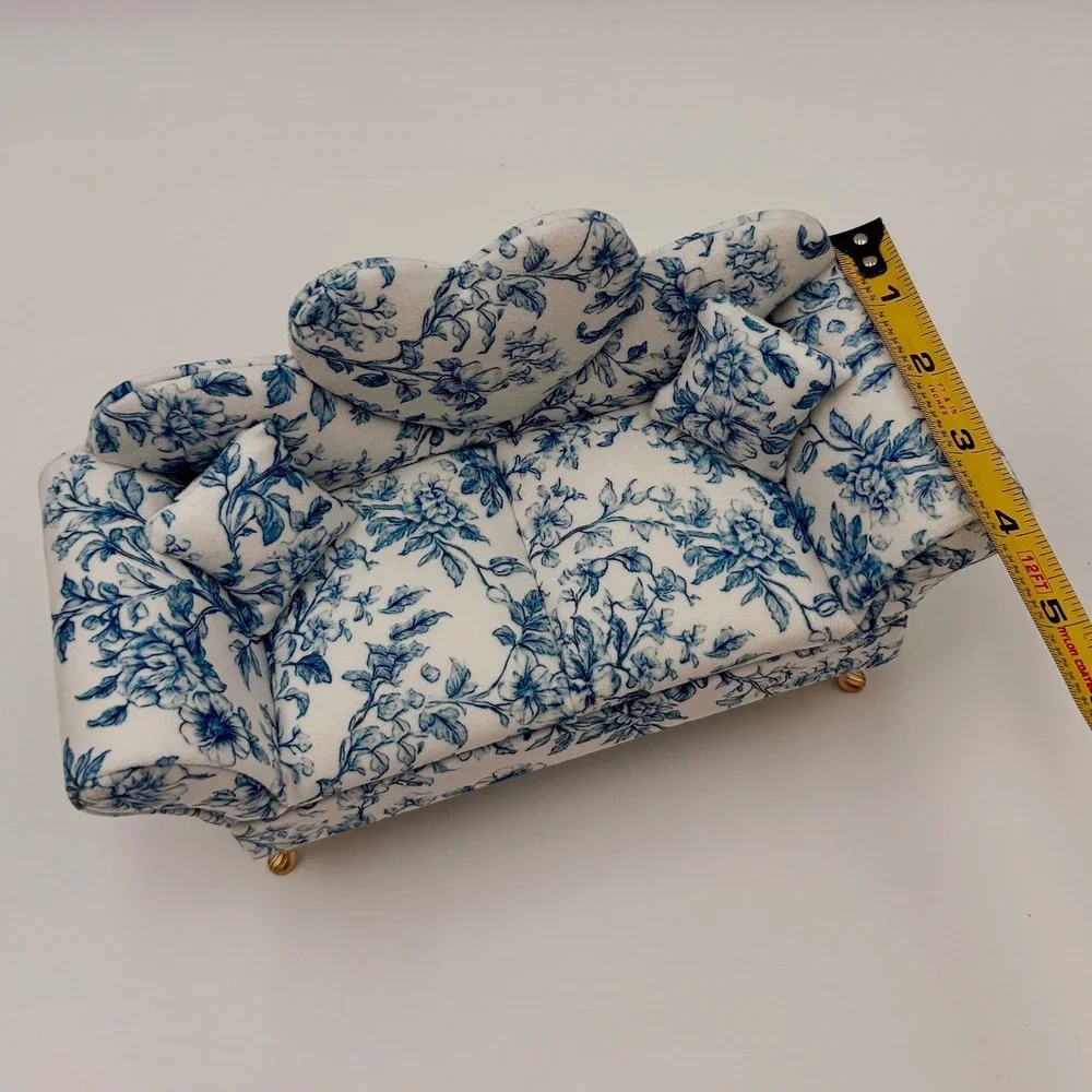 Blue White Floral Toile Sofa Jewelry Box‎ Heart Back Miniature Couch Mothers Day